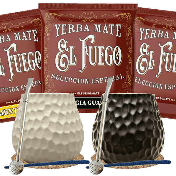 Set de Yerba Mate para dos: muestras El Fuego 3x50g + 2x Calabaza + 2x Bombilla