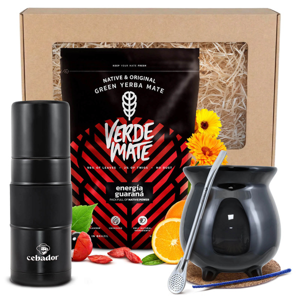Set de regalo de Yerba Mate: Verde Mate Energía Guaraná 0,4kg + Yerbomos X + Calabaza + Bombilla