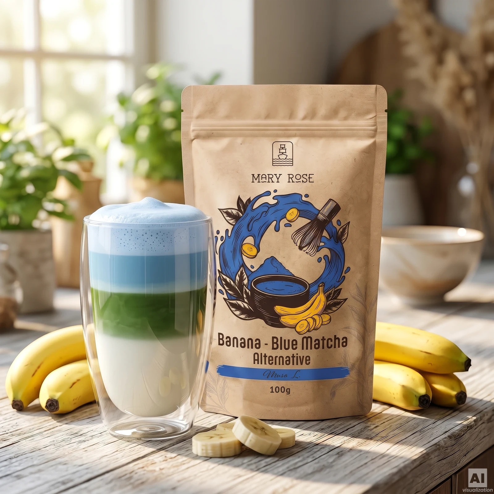 Latte tricolor Blue Banana Matcha Latte con Mary Rose Blue Matcha Alternative Banana