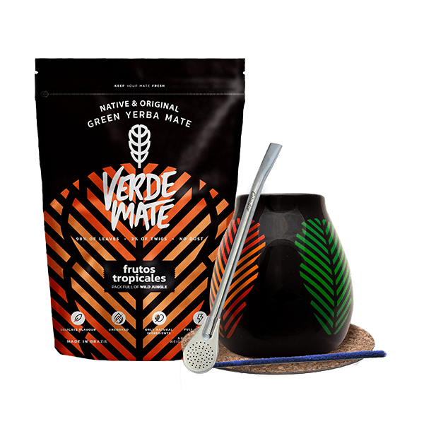 Set de Yerba Mate: Verde Mate Frutos Tropicales 500g + Calabaza + Bombilla