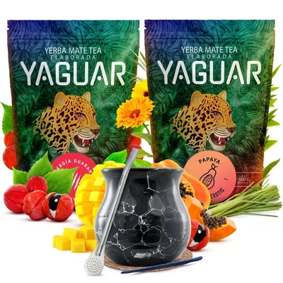 Yaguar juego yerba mate cerámica calabaza bombilla