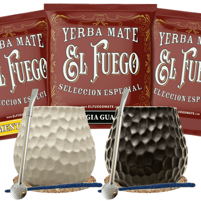 Set de Yerba Mate para dos: muestras El Fuego 3x50g + 2x Calabaza + 2x Bombilla