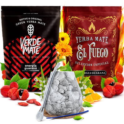 Juego de Yerba Mate Verde Mate El Fuego Energia 2x500g + accesorios