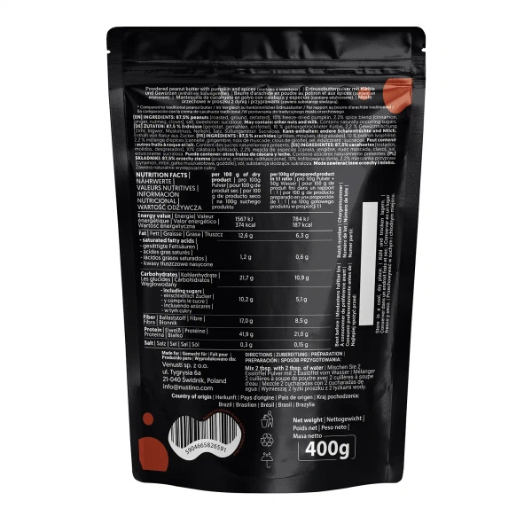 Nustino – Mantequilla de cacahuete en polvo – Pumpkin Spice (sin azúcar añadido) 400 g