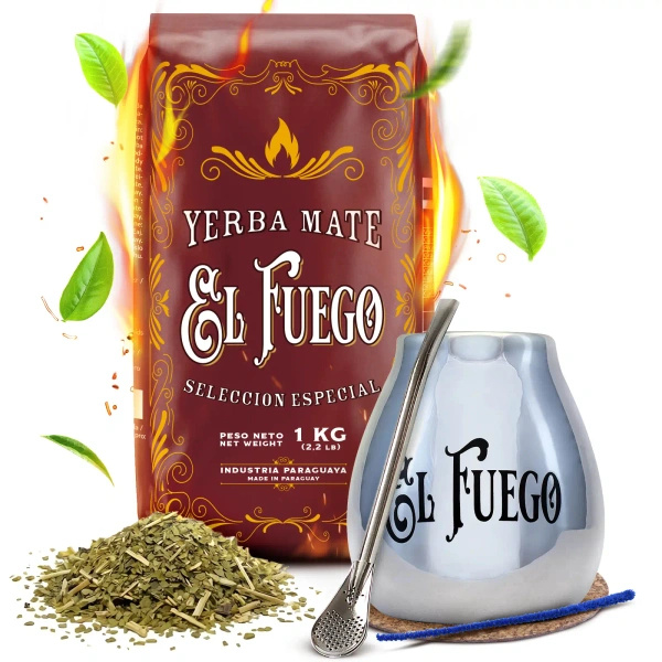 Set de Yerba Mate: El Fuego Elaborada 1kg + Calabaza + Bombilla