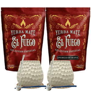 Set de inicio para dos personas Yerba Mate El Fuego 2×500 g + 2× Calabaza + 2× Bombilla