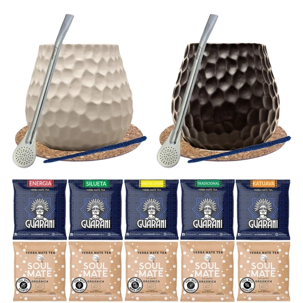 Set de Yerba Mate: 2x Mate Taza "Honeycomb" + 2x Bombilla + Muestras de Soul Mate y Guarani 10x50g (0,5kg) + Accesorios – para Dos