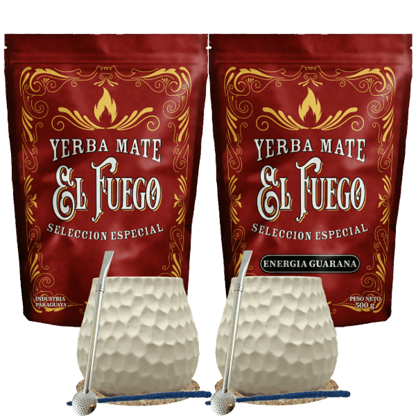 Set de inicio para dos personas Yerba Mate El Fuego 2×500 g + 2× Calabaza + 2× Bombilla