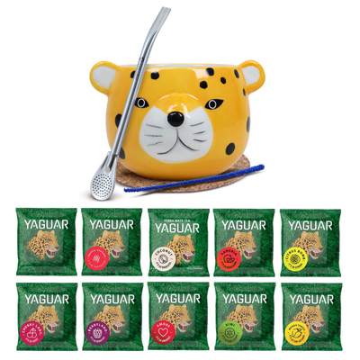 Set de Yerba Mate: muestras Yaguar 10x50g + Calabaza + Bombilla