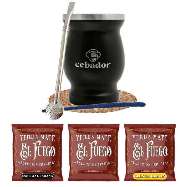 Set de Yerba Mate: muestras El Fuego 3x50g + TermoMate + Bombilla