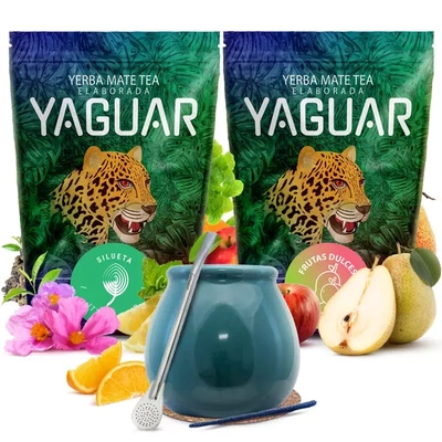 Yaguar juego yerba mate cerámica calabaza bombilla
