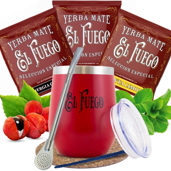 Set de Yerba Mate El Fuego: muestras 3x50g + TermoLid + Bombilla