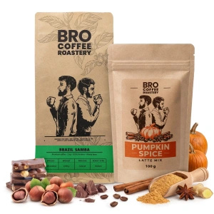 Set para Pumpkin Spice Latte: café Bro Coffee Roastery Brazil Samba 1kg + Pumpkin Spice Latte Mix 100g