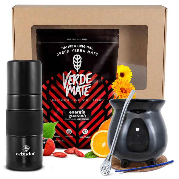 Set de regalo de Yerba Mate: Verde Mate Energía Guaraná 0,4kg + Yerbomos X + Calabaza + Bombilla