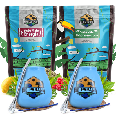 Yerba Mate Rio Parana Set PARA DOS Calabaza Bombilla 1000g