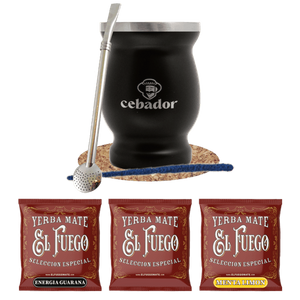 Set de Yerba Mate: muestras El Fuego 3x50g + TermoMate + Bombilla