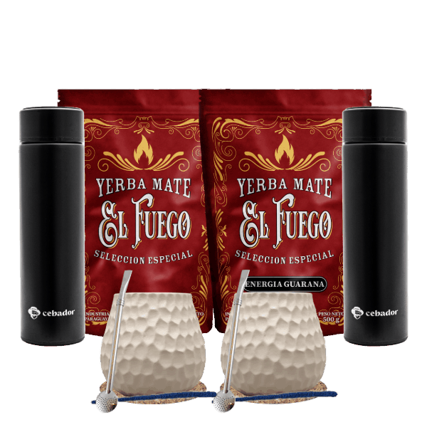 Set de Yerba Mate para dos: El Fuego 2x500g + 2x Termo LED + 2x Calabaza + 2x Bombilla