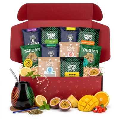 Set de regalo navideño de yerba mate: muestras 10x50g + mate Samba y bombilla