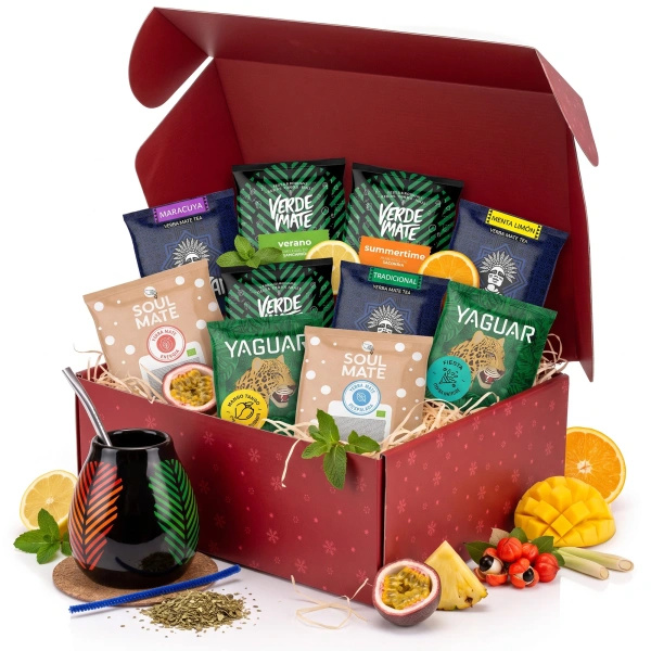 Set de regalo navideño de yerba mate: muestras 10x50g + mate Samba y bombilla