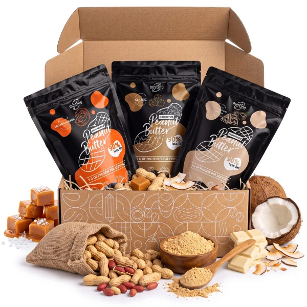 Set de regalo de crema de cacahuete en polvo Nustino: Classic + Salted Caramel + White Chocolate & Coconut 3x400g