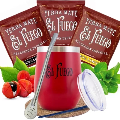 Set de Yerba Mate El Fuego: muestras 3x50g + TermoLid + Bombilla
