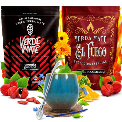 Juego de Yerba Mate Verde Mate El Fuego Energia 2x500g + accesorios