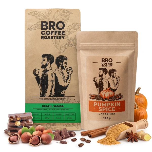 Set para Pumpkin Spice Latte: café Bro Coffee Roastery Brazil Samba 1kg + Pumpkin Spice Latte Mix 100g