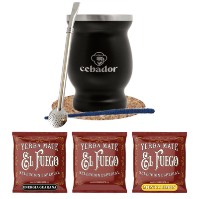 Set de Yerba Mate: muestras El Fuego 3x50g + TermoMate + Bombilla