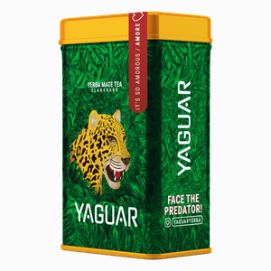 Yerbera – lata con Yaguar Amore 500 g 0.5 kg – yerba mate brasileña con hierbas y frutas 