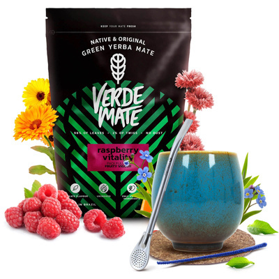 Juego de Yerba Mate Verde Mate Raspberry 500g Calabaza + Bombilla