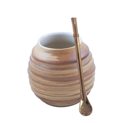 Mate "Miel" de cerámica - Mate blanco + Bombilla Gringo Rose Gold
