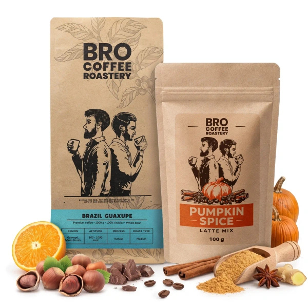 Set para Pumpkin Spice Latte: café Bro Coffee Roastery Brazil Guaxupe 1kg + Pumpkin Spice Latte Mix 100g