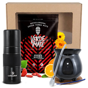 Set de regalo de Yerba Mate: Verde Mate Energía Guaraná 0,4kg + Yerbomos X + Calabaza + Bombilla