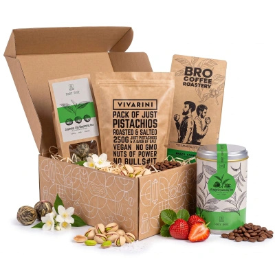 Set de regalo con café y té + pistachos tostados y salados