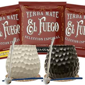 Set de Yerba Mate para dos: muestras El Fuego 3x50g + 2x Calabaza + 2x Bombilla