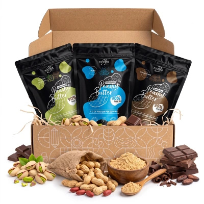 Set de regalo de crema de cacahuete en polvo Nustino: Pure + Chocolate + Pistachio & Chocolate 3x400g