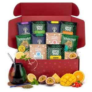 Set de regalo navideño de yerba mate: muestras 10x50g + mate Samba y bombilla