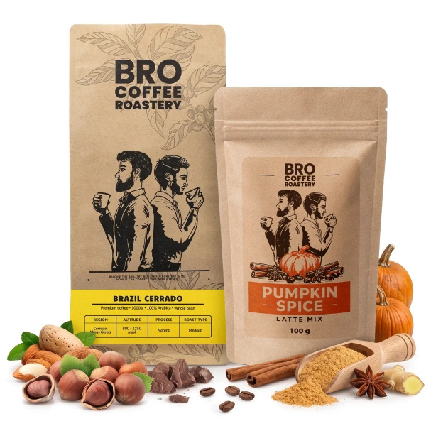Set para Pumpkin Spice Latte: café Bro Coffee Roastery Brazil Cerrado 1kg + Pumpkin Spice Latte Mix 100g