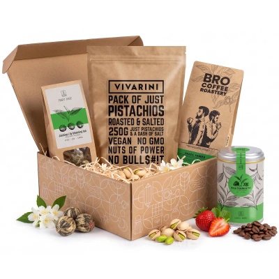 Set de regalo con café y té + pistachos tostados y salados