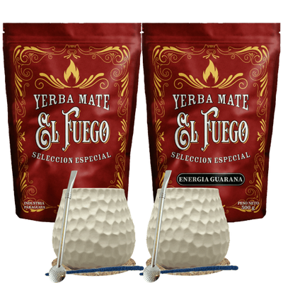 Set de inicio para dos personas Yerba Mate El Fuego 2×500 g + 2× Calabaza + 2× Bombilla