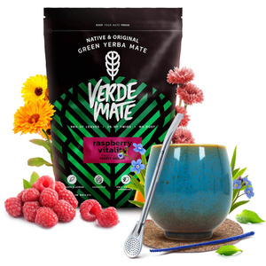 Juego de Yerba Mate Verde Mate Raspberry 500g Calabaza + Bombilla